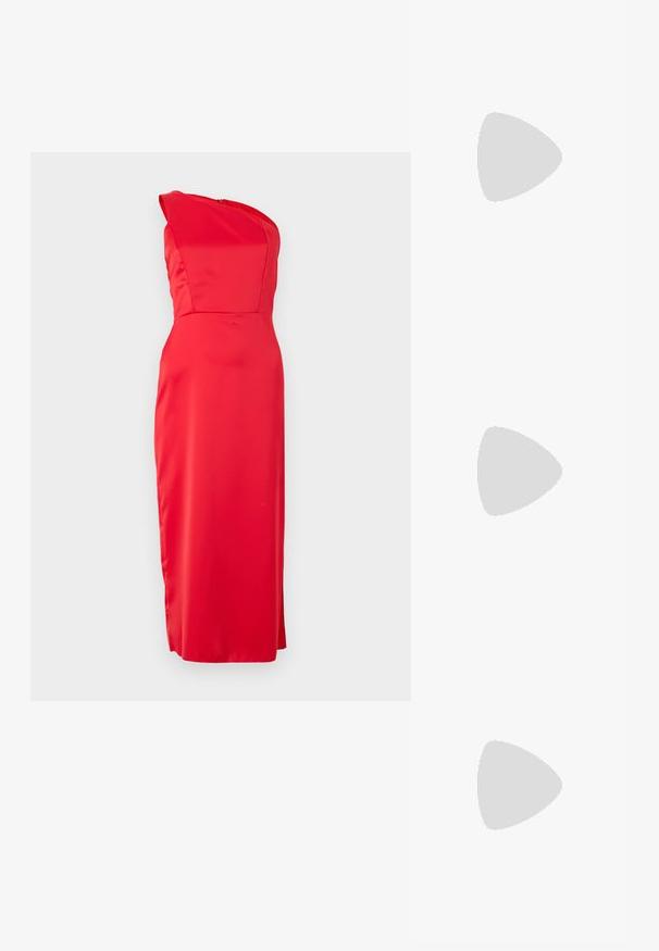 Robe en satin rouge avec une conception à une épaule et une silhouette ajustée, présentant une texture lisse et une coupe longue et droite jusqu'à l'ourlet.; Sandales à talons noirs avec plusieurs brides entrecroisées. Matériau lisse, bout pointu et talon étroit. Bride de cheville ajustable avec boucle.; Pochette en cuir noir avec un rabat et un détail en boucle en métal doré. Inclut une sangle noire et un design épuré et minimaliste.; Débardeur vert avec des détails en dentelle à l'épaule et au col, présentant une coupe ajustée et un tissu doux. Assorti à un pantalon de couleur claire.