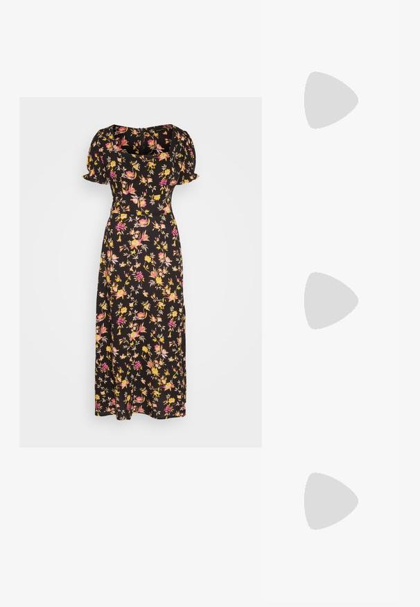 Svart blommig klänning med korta puffärmar, prydd med gula och rosa blommönster, en fyrkantig halsringning och en lång, flödande silhuett.; Vit slingbackklack med spetsig tå, slät ovandel, låg blockklack och sidoutskärning med justerbar spänne.; Runda solglasögon med mörka linser och guldramar. Modellen bär en ljusblå, ribbad cardigan med knappar och kontrasterande vita ärmar.; Michael Kors handledos i beige belagd kanvas med ett upprepande MK-logomönster, gyllene detaljer och ett avtagbart kedjehandtag.