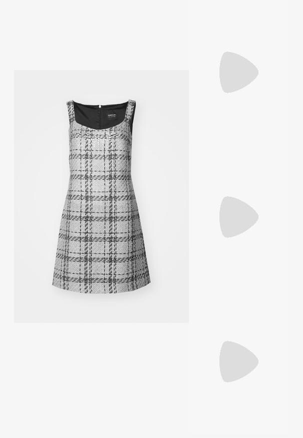 Harmaa ruutukuviollinen mekko, jossa on neliön muotoinen pääntie, olkaimeton muotoilu ja takakiinnitysvetoketju. Mekossa on teksturoitu kangas mustilla yksityiskohdilla.; Vaaleanbeige nahkaloaferit, joissa on ommeltu etuosa ja teksturoitu musta korko. Ominaisuuksiin kuuluu kaareva muotoilu ja kevyt kohotus.; Beige nahkalaukku tummalla reunanauhalla, kaarevalla siluetilla, kultaisilla yksityiskohdilla ja irrotettavalla hihnalla, pidetty sivussa tummaa asua vasten.; Hopehope hopeat hopeatit hopear hope yihiin haghoot shagagaa se hopear hopee haghoot khaainih raakhahikh raahol alukh hringiismee kood tekkahaiish.