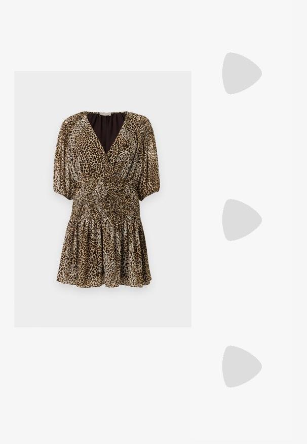 Leopard print dress with a deep V-neck, short puff sleeves, smocked waist, and flared hem. Features shades of brown and cream. Soft fabric.; Black high-heeled sandals feature thin straps with a knotted design, a smooth square toe, and a sleek stiletto heel.; Light gray metallic handbag featuring a chain strap, embellished with small circular metallic studs and a triangular brand logo.; Silver hoop earrings with a smooth, shiny finish. Rounded shape, lightweight design, featuring a post-back closure.