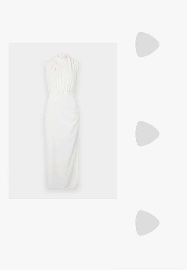White sleeveless dress with a high neckline, gathered waist, and floor-length skirt; smooth fabric with subtle draping and textural detail.; Black leather slingback heels with a pointed toe, featuring a slim heel and a gold-tone accent on the adjustable strap. Smooth texture.; Black leather handbag with a structured design, featuring a cropped shape, top handle, and gold hardware accent. Adjustable shoulder strap included.; Silver metal hoop earrings with a smooth, shiny surface and a structured, rounded design. Features a hinged clasp for secure wear.