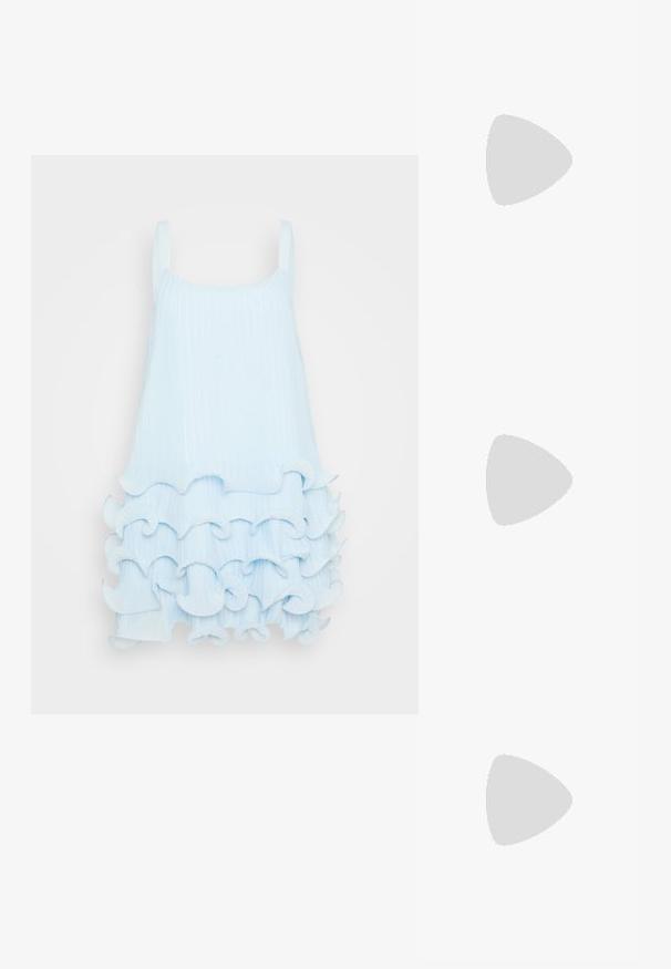 Light blue sleeveless dress with ribbed texture, featuring layered ruffles at the hem. Smooth fabric with a simple square neckline.; Beige ballet flats with a pointed toe, a mesh design overlay, and a side buckle strap. Flat sole with a smooth texture.; Black rectangular sunglasses with dark lenses, glossy plastic frames, and gold accents on the temples. Minimalist design and sleek shape.; Silver hoop earrings featuring a bow design, with a smooth finish and a polished texture. Compact, minimalist style suitable for various occasions.