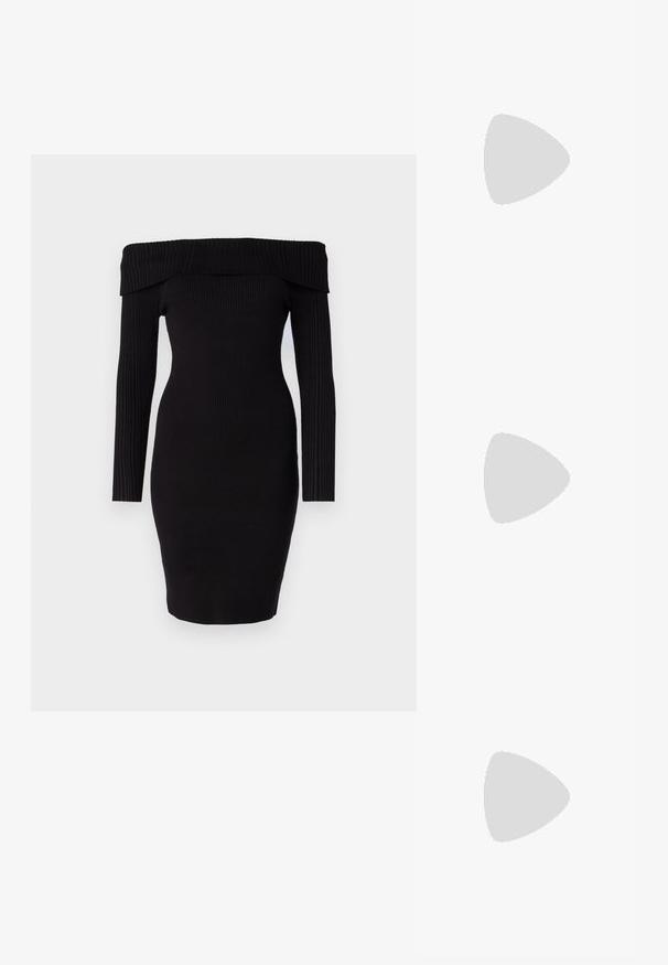 Abito nero a coste con spalle scoperte, maniche lunghe e silhouette aderente, caratterizzato da un tessuto strutturato e un orlo dritto.; Scarpa slingback nera con punta affilata e tacco basso, realizzata in pelle liscia e con un design a taglio laterale per favorire la traspirabilità.; Borsa a tracolla nera in pelle con forma curva, manico sottile, cerniera argentata e logo Calvin Klein sul davanti. Texture liscia e design minimale.; Orecchini a cerchio in oro con un design testurizzato e tre accenti di cristalli trasparenti su un lato, che offrono un'estetica geometrica moderna.