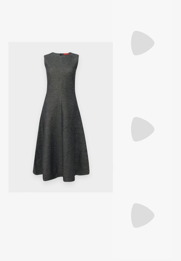 Robes sans manches grises avec une silhouette évasée, en tissu texturé. Présente une fermeture éclair dissimulée à l'arrière et un col lisse.; T-shirt blanc à manches courtes en tissu côtelé. Col rond, coupe régulière et détails de couture subtils. Aucune motif ni graphique.; Ballerines en cuir noir avec un bout rond, texture lisse, détails de couture minimalistes et design de semelle flexible.; Sac à main en cuir marron avec une fermeture à rabat, des accents en métal doré, une bandoulière et une texture lisse. Forme rectangulaire compacte.