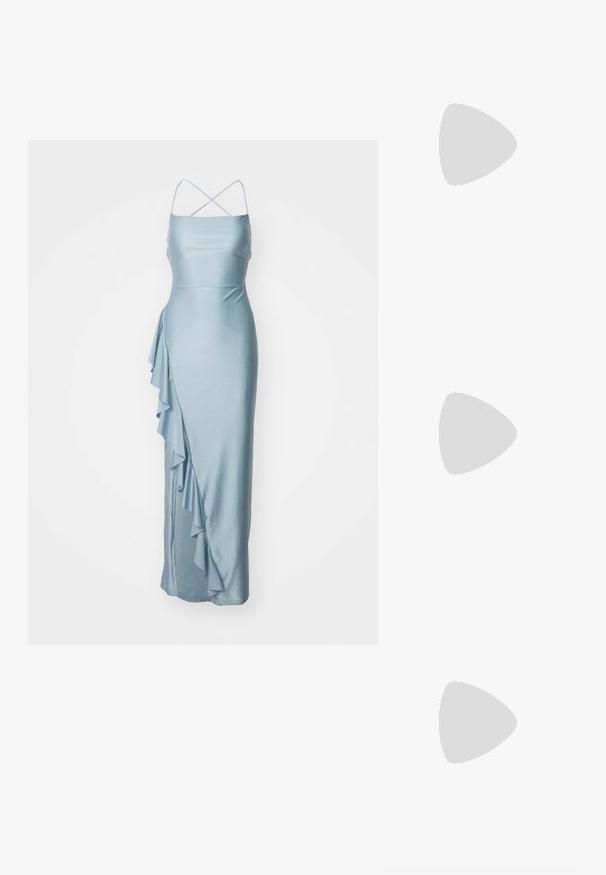Robe en satin bleu clair avec de fines bretelles croisées, un corsage ajusté et un détail de volants sur le côté descendant sur la jupe.; Escarpin à talon slingback en cuir verni noir avec un bout pointu et un talon moyen élancé. Texture lisse avec des éléments de design minimalistes.; Sac à main en métal argenté avec un design en mailles, de forme rectangulaire et une poignée en chaîne. Présente une bandoulière amovible et une texture lisse.; ALDO ELSINE - Boucles d'oreilles - gold-coloured