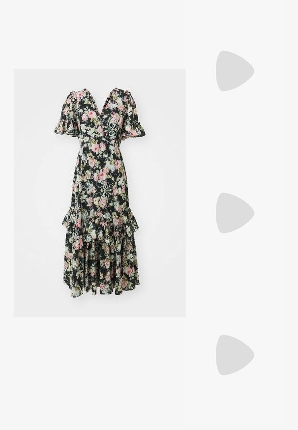 Needle & Thread EVA CREPE czarny; Biała koszula z długim rękawem wykonana z bawełny. Ma przód na guziki, kołnierz z wywiniętymi końcami oraz kieszonkę na piersi po lewej stronie.; Czarne skórzane baletki z zaokrąglonym noskiem, gładką fakturą, minimalnymi przeszyciami i elastycznym designem podeszwy.; Brązowa skórzana torebka na ramię z klapką, złotymi detalami, paskiem na ramię i gładką teksturą. Kompaktowy prostokątny kształt.