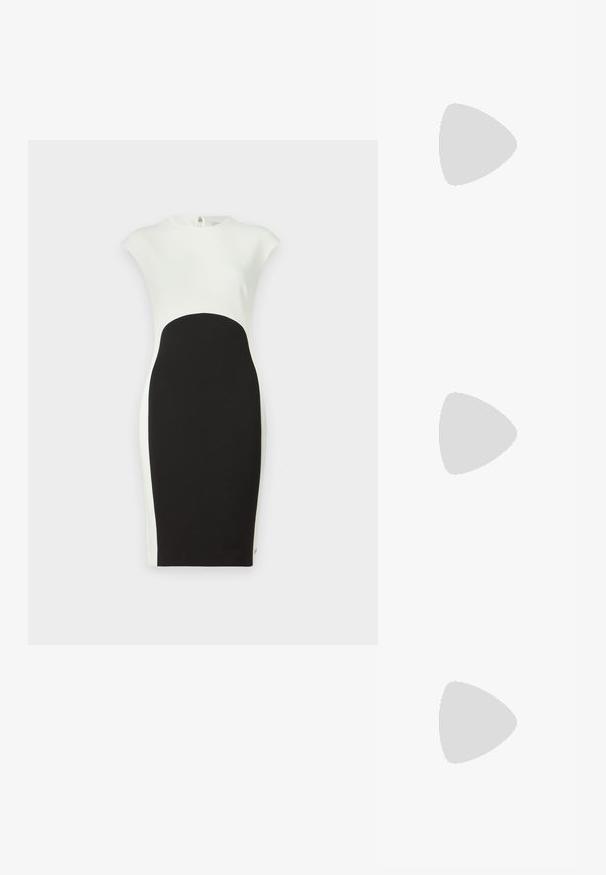 Svart og hvit tettsittende kjole med cap sleeves; svart midtseksjon med en avrundet panel, glatt tekstur og usynlig glidelås i ryggen.; Sorte patentlær slingback-sko med spiss tå, detaljer i sølv og lav blokkheel. Glatt, skinnende tekstur gjennom hele.; Svart lær crossbody-veske med glatt tekstur, rektangulær form og metallkjede detaljer på framsiden. Justerbar stroppe inkludert.; Sølv dråpeøreringer med firkantet studs, med en glatt, polert overflate og en tåreformet design som reflekterer lys med en blank overflate.