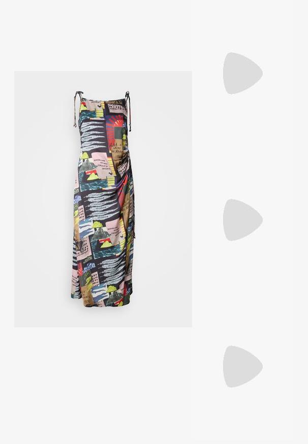 Abito lungo in tessuto leggero, caratterizzato da una stampa multicolore di design astratti e testo. Spalline regolabili per una vestibilità personalizzabile.; Scarpe slingback in vernice nera con punta appuntita, dettaglio in metallo argentato e tacco basso a blocco. Texture liscia e lucida in tutto l'oggetto.; Borsa a tracolla nera in pelle con una texture liscia, forma rettangolare e dettaglio in catena metallica sul davanti. Inclusa una tracolla regolabile.; Orecchini a goccia in argento con perno quadrato, caratterizzati da una finitura liscia e lucidata e da una forma a goccia, che riflettono la luce grazie a una superficie lucida.