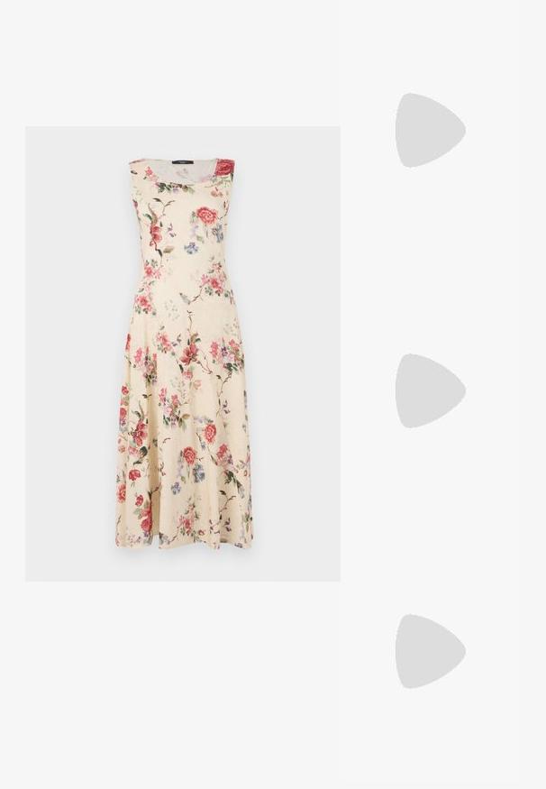 Kukkakuvioinen ilmanhiha dressi, joka on valmistettu kerma värisestä kankaasta ja jossa on vaaleanpunaisia ja punaisia kukkia vihreällä lehdistöllä. A-linjainen malli, jossa on polven pituinen helma.; Mustat hihnalligat, joissa on neliön muotoinen kärki ja matala lohkokorko. Ominaisuuksiin kuuluu useita ohuita hihnoja ja säädettävä nilkkahihna. Valmistettu sileästä nahasta.; Mustat aurinkolasit, joissa on suorakulmaiset linssit, kiiltävä pinta ja kultaiset logoleimat temppeleissä. Tummanharmaat linssit tarjoavat UV-suojan.; Musta nahkainen olkalaukku, jossa on sileä pinta, suorakulmainen muoto ja metalliketju yksityiskohtana edessä. Mukana säädettävä hihna.