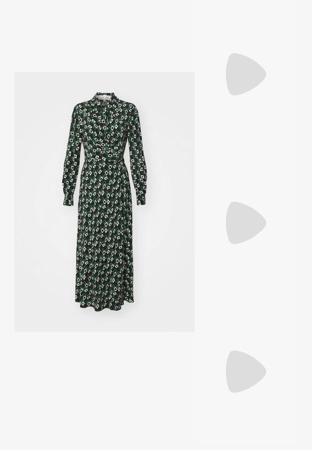 Diane von Furstenberg TORI DRESS - Vestido camiseiro - black; Sapatilhas de salto alto em verniz preto, com bico afiado, tiras ajustáveis no tornozelo e um salto quadrado moderado. Textura suave com acabamento brilhante.; Carteira preta feita de couro texturizado, com um padrão de diamante, alça de corrente em tom de ouro e uma pega superior com fecho em aba com logotipo em relevo.; Brincos de argola em ouro com um design suave e arredondado, com um acabamento polido. Os brincos têm uma forma compacta e robusta, com um fecho sem costuras.