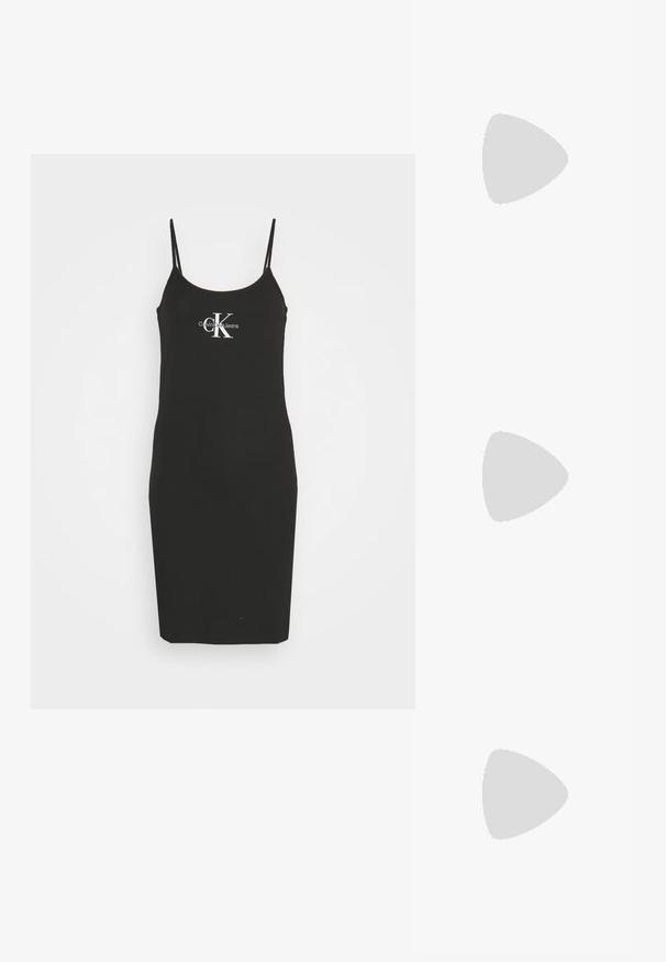 Svart tajt klänning med tunna remmar, tillverkad av mjukt tyg. Har en vit "Calvin Klein Jeans"-logotyp på framsidan.; Vita lädersneakers med en tjock vit sula, svartsuede hälaccent och präglad logotyp på sidan. Snörningsdesign med sex öglor.; Svart överdimensionerade solglasögon med geometrisk form, med mörka linser och en kontrasterande grå detalj på ramen. Logotyp på bygeln.; Silverfärgade hängande örhängen med en slät, blänkande yta. Rundad form, lätt design, med ett stift- och bakstängning.