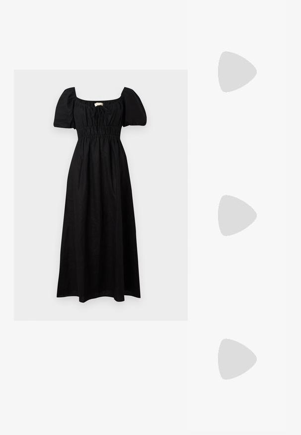 Μαύρο μαξι φόρεμα από λινό με τετράγωνη λαιμόκοψη, κοντά φουσκωτά μανίκια, ελαστική μέση και ρέουσα φούστα. Μινιμαλιστικός σχεδιασμός με ομαλή υφή.; Μαύρη πατέντα σλινγκμπάκ γόβα με μυτερή μύτη, διαθέτει υφή από φίδι, ρυθμιζόμενο λουρί και κοντή, υφή τετράγωνη φτέρνα.; Μαύρη δερμάτινη τσάντα ώμου με δύο μπροστινές τσέπες, χρυσά κούμπωματα, κλείσιμο με φερμουάρ και λεπτό λουρί. Υφή επιφάνειας και κομψό ορθογώνιο σχήμα.; Χρυσές μεταλλικές σκουλαρίκια κρίκοι με καμπυλωτό, ελκυστικό σχήμα. Περιλαμβάνουν μια λεία, γυαλιστερή επιφάνεια και στρογγυλή άκρη για πρόσθετη λεπτομέρεια.