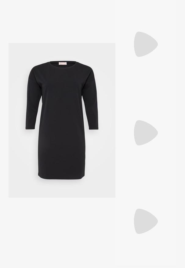 Svart klänning med långa ärmar och rund halsringning; slät textur och knälängd, med en enkel och klassisk design utan mönster eller detaljer.; Svarta lackläder slingback klackar med spetsig tå och geometrisk klack. Har en elegant, minimalistisk design och slät yta.; Svart läderhandväska med en böjd form, avtagbar rem och guldiga detaljer. Väskan har ett lock med en spänndetalj.; Silver ring med dubbel band och en slät, polerad yta. Har en flödande, böjd design med överlappande sektioner för en modern stil.