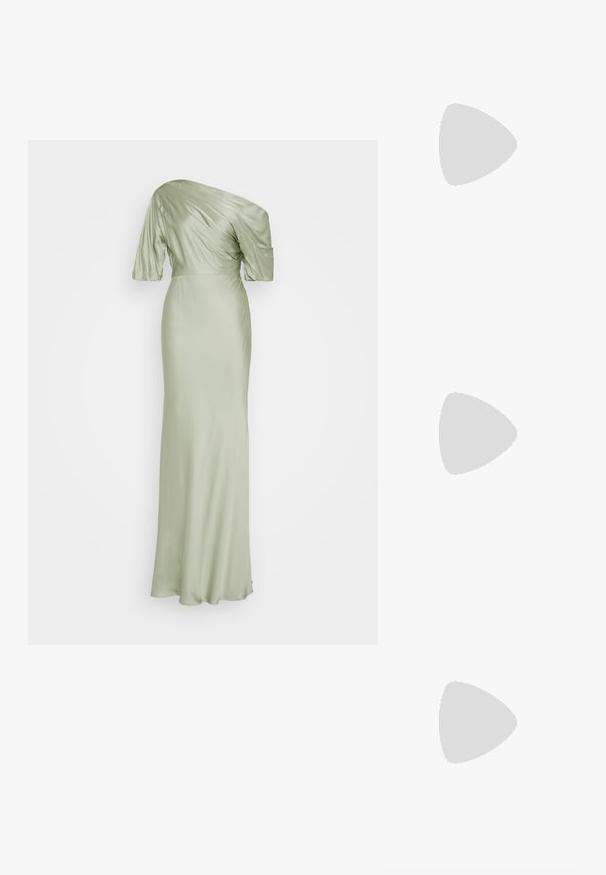 Malina MARISA ASYMMETRICAL - Proginė apranga - sage; Juodos lakuotos odinės šlepetės su smailiu pirštu ir geometriniu bloko kulnu. Turi elegantišką, minimalistinį dizainą ir lygų paviršių.; Juodas odinis krepšys su išlenkta forma, nuimamu dirželiu ir auksiniais detalėmis. Krepšys turi kilpą su sagtimi.; Sidabrinis dvigubas žiedas su lygiu, poliruotu paviršiumi. Pasižymi sklandžiu, kreiptu dizainu su persipinančiomis dalimis, suteikiančiomis modernų išvaizdą.