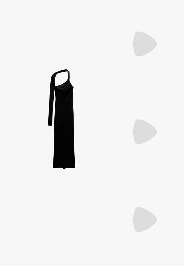 Mango NAPOLI - Maxikleid - black; Goldene metallische Sandalette mit Absatz, Knöchelriemen, zwei schmalen vorderen Bändern und Blockabsatz. Mit dekorativen Verzierungen.; Swarovski Sonnenbrille - black; Beige gestepptes Lederhandtasche mit goldenem Kettenriemen und Logoakzent auf der Vorderseite. Glatte Textur mit diamantförmiger Steppung.