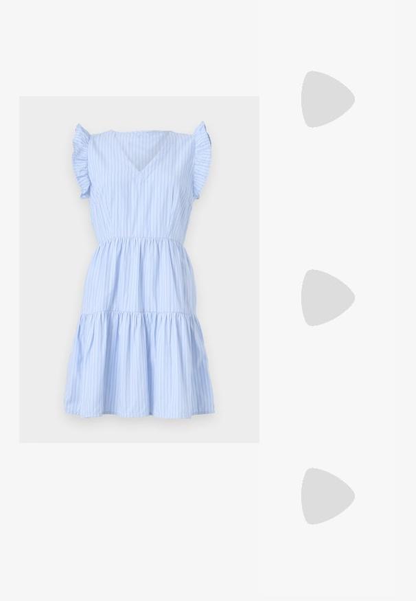 Light blue striped dress with a V-neck, short ruffle sleeves, a fitted waist, and a tiered skirt. Made of a soft, lightweight fabric.; Pieces PCMOLLY O NECK TEE - Print T-shirt - bright white; Converse CHUCK TAYLOR ALL STAR LIFT - High-top trainers - white/black; Even&Odd Handbag - red