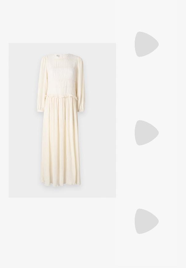 Long, cream-colored dress with long sleeves, textured fabric, smocked bodice, and ruffled hem. Lightweight and flowy design.; White short-sleeve t-shirt made of ribbed fabric. Round neckline, regular fit, and subtle stitching details. No patterns or graphics.; Black leather ballet flat with a rounded toe, smooth texture, minimal stitching detail, and a flexible sole design.; Brown leather handbag with a flap closure, gold-tone hardware, a shoulder strap, and a smooth texture. Compact rectangular shape.