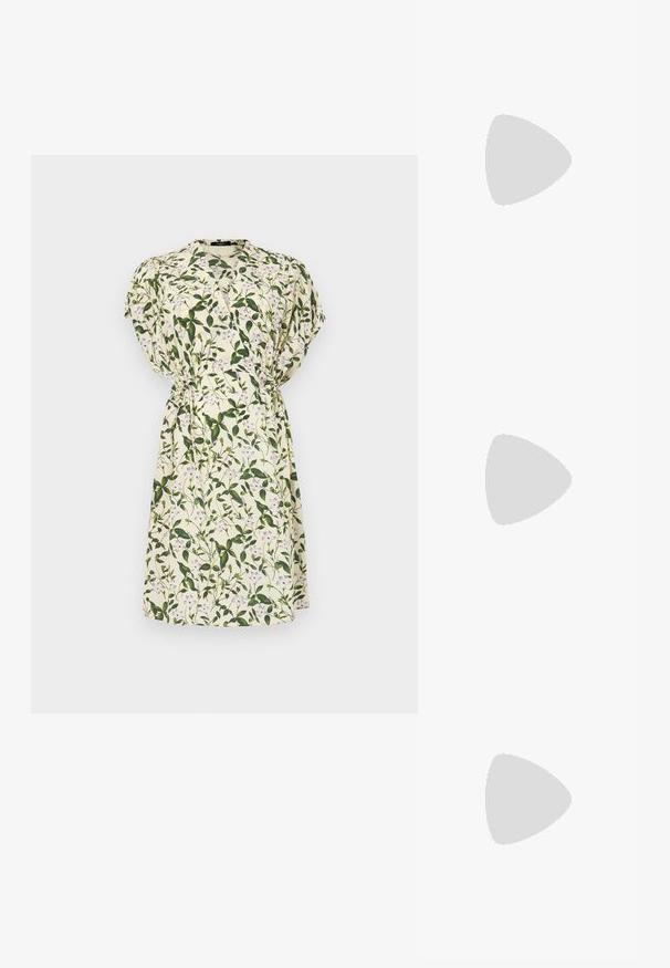 Floral dress with green leaves and purple flowers on a light cream background. Short sleeves, cinched waist, and above-the-knee length.; Black leather ballet flat with a rounded toe, smooth texture, minimal stitching detail, and a flexible sole design.; Black leather handbag with fringe details, gold chain shoulder strap, and a cut-out handle. Features logo placement on the front.; Rabanne XL LINK  DOUBLE HOOP EARRINGS - Earrings - gold-coloured