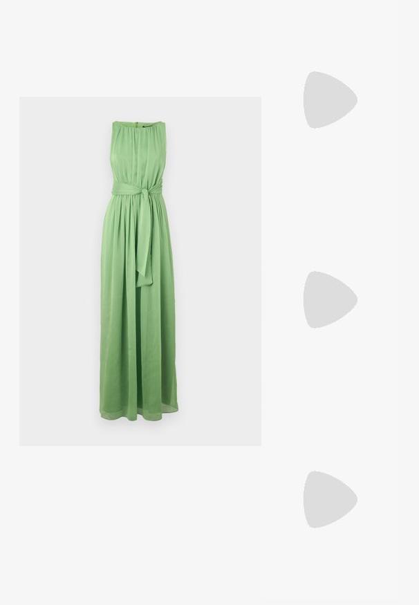 Long, sleeveless green dress made of lightweight fabric with a gathered neckline and a belted waist for a defined silhouette.; Gold, metallic slingback heels with a pointed toe and chunky heel. Smooth texture, minimalistic design, and a narrow strap.; Black leather handbag with a curved shape, detachable strap, and gold hardware. The bag features a flap with a buckle detail.; Gold-tone metal earring with a sleek, curved design. Features a distinctive pointed shape, polished surface, and hinge closure.