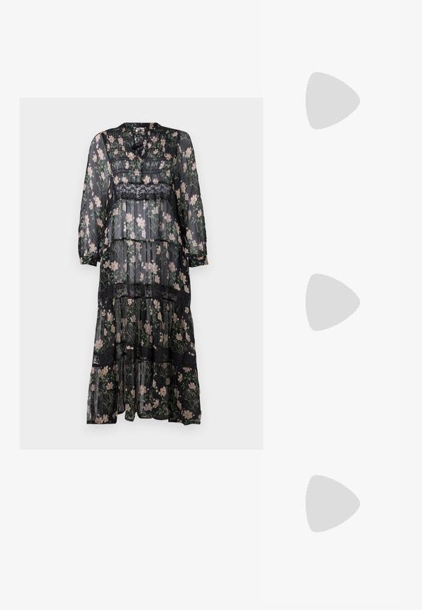 Fekete, áttetsző maxi ruha virágmintával, csipke részletekkel, réteges textúrával, hosszú ujjakkal és kerek nyakkal. Többszintű kialakítással rendelkezik.; Fehér, rövid ujjú póló ribbed anyagból. Kerek nyakkivágás, normál szabás és diszkrét varrási részletek. Nincsenek minták vagy grafikák.; Fekete bőr balettcipő lekerekített orral, sima tekstúrával, minimális varrással és rugalmas talp kialakítással.; Barna bőr kézitáska, hajtókás zárással, arany színű fém kiegészítőkkel, vállpánttal és sima felülettel. Kompakt téglalap alakú.