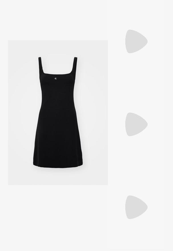 Black sleeveless dress with a square neckline, made from a smooth fabric. Features a small logo centered on the chest. Simple silhouette.; White leather sneakers with a thick white sole, black suede heel accent, and embossed logo on the side. Laced design with six eyelets.; Black oversized sunglasses with a geometric shape, featuring dark lenses and a contrasting grey detail on the frame. Logo on the arm.; Silver hoop earrings with a smooth, shiny finish. Rounded shape, lightweight design, featuring a post-back closure.