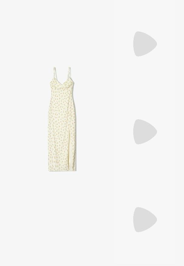 Bershka PRINTED-MIDI - Velika haljina - white; Smeđe izmjenjive balerinke od nubuka s srebrnim zakovicama duž prstiju i sa strane, okruglog oblika, tanke crne potplate i malim detaljem mašne na prednjem dijelu.; CHIMI CHIMI 06 - Sunčane naočale - green; Smeđa kožna torba za rame s zakrivljenim dizajnom, koja ima zlatnu kopču i akcent, šivene detalje i zatvaranje na zip.