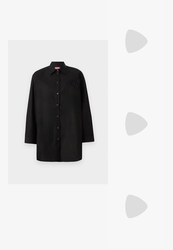 Black long-sleeve shirt made of smooth fabric, featuring a button-down front, pointed collar, and a tonal logo patch on the chest.; Black high-heeled sandals feature thin straps with a knotted design, a smooth square toe, and a sleek stiletto heel.; Light gray metallic handbag featuring a chain strap, embellished with small circular metallic studs and a triangular brand logo.; Silver hoop earrings with a smooth, shiny finish. Rounded shape, lightweight design, featuring a post-back closure.