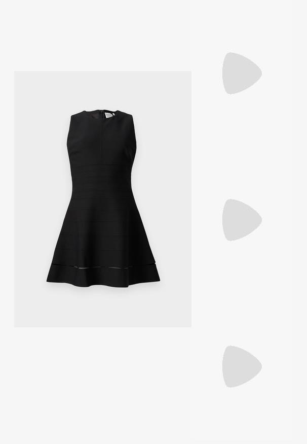 Musthave muströpanne kleit, millel on keha tihe ja laienev seelik. Omab tekstuuriga horisontaalseid triibusid ja tagumist luku sulgemist.; Musthave mustanahkased balletkingad terava varbaga ja külgrihmaga, millel on ümmargune kuldne aksessuaar. Kerged ja tasase tallaga.; Stuart Weitzman POSH SHOULDER BAG - Ülerinna-kott - black; Hõbedased südamekujulised lukuvidinad, millel on kohandatud "JAA" ja "EI" tekst, poleeritud viimistlus, sümmeetriline disain ja tugev metallist klamber.