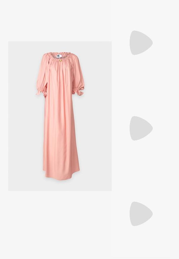 Sleeper ZEPHIR DRESS - Maksi suknelė - pink; Loeffler Randall LEONIE SOFT BALLET FLAT - Balerinos tipo bateliai su dirželiu ties kulkšnimi - gold; Tortoise kiaurinių saulės akinių su pailgomis ovalo formos lęšiais, rudos spalvos atspalviu, auksinėmis logotipo detalėmis ant šakelių ir elegantiškais juodais rankenėlėmis.; Juodas audinio rankinis krepšys, pasižymintis išryškintu iškilniu logotipu apvalios formos. Lygus paviršius su kontrastingomis odinėmis detalėmis.
