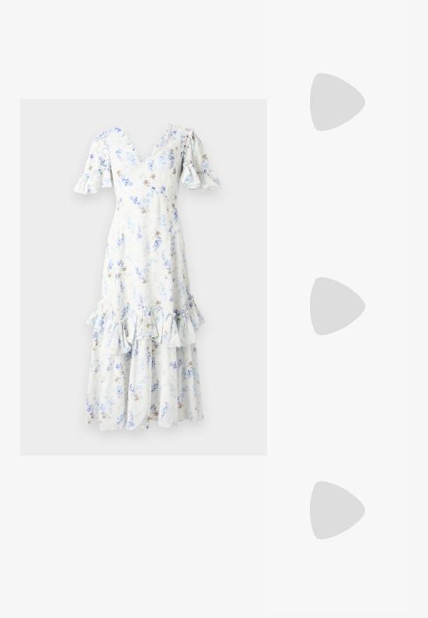 Λουλουδάτο midi φόρεμα σε ανοιχτό μπλε και λευκό χρώμα με φουσκωτά μανίκια, V-λαιμόκοψη και φάσα με βολάν, διακοσμημένο με σκόρπιες σκούρες καφ�έ λεπτομέρειες και σχέδια.; Άσπρο κοντομάνικο μπλουζάκι φτιαγμένο από ριγέ ύφασμα. Στρογγυλή λαιμόκοψη, κανονική εφαρμογή και διακριτές λεπτομέρειες ραφής. Χωρίς σχέδια ή γραφικά.; Μαύρο δερμάτινο μπαλαρίνι με στρογγυλή μύτη, λεία υφή, ελάχιστες λεπτομέρειες ραφής και σχεδίαση ευέλικτης σόλας.; Καφέ δερμάτινη τσάντα χειρός με κλείσιμο καπάκι, χρυσές λεπτομέρειες, ιμάντα ώμου και λεία υφή. Συμπαγές ορθογώνιο σχήμα.