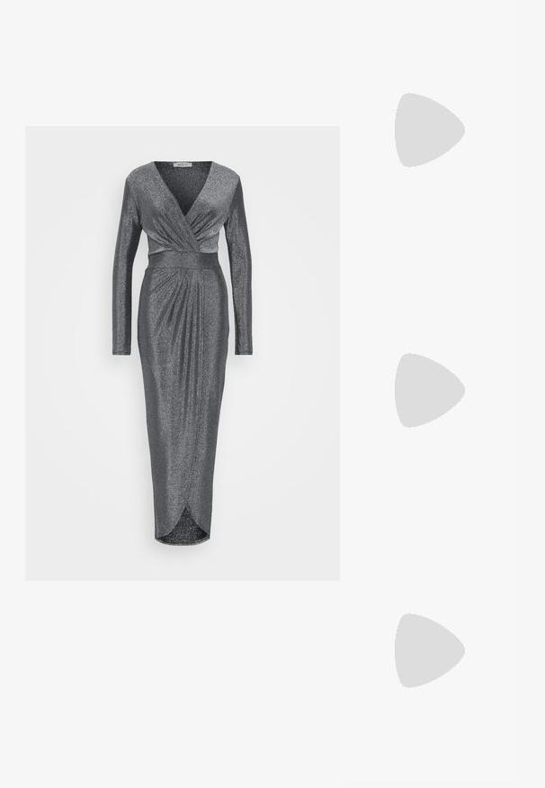 WAL G TALL LOLA GLITTER WRAP DRESS - Proginė apranga - silver; Juodai lakuoti slingback aukštakulniai su smailiu kojų pirštu ir mažais blokiniais kulniukais, su sidabro sagtimi ant dirželio.; Juodas odinis krepšys su išlenkta forma, nuimamu dirželiu ir auksiniais detalėmis. Krepšys turi kilpą su sagtimi.; Auksinės spalvos žiedas, turintis organišką, sukimosi dizainą su lygiu paviršiumi ir siaurėjančiais galais, sukuriantis modernią skulptūrinę išvaizdą.