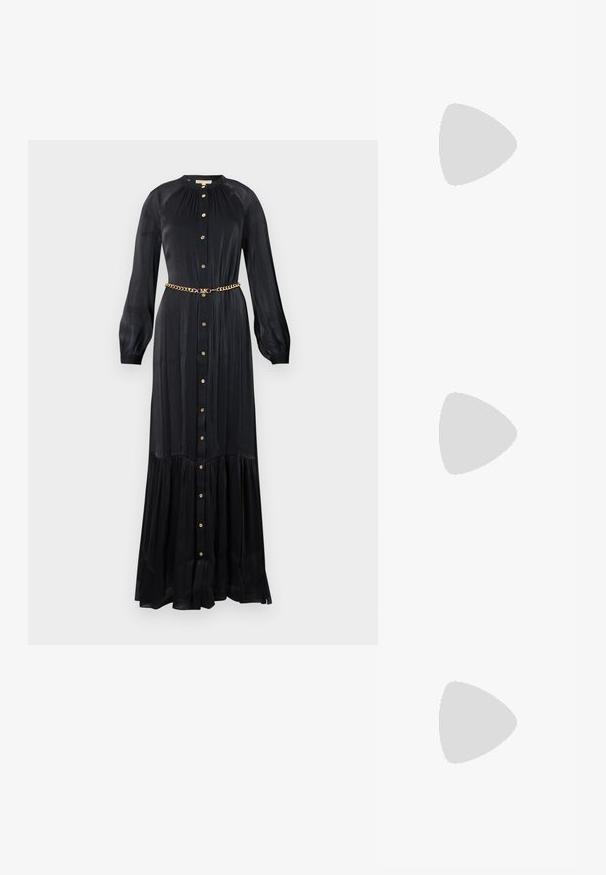 Zwarte maxi-jurk van zachte stof, met lange mouwen, een knoopsluiting aan de voorkant en een gouden kettingriem in de taille. Uitlopende zoom.; Zwart patent slingback hak met een spitse neus, voorzien van een gestructureerde slangenprint, verstelbare band en een korte, gestructureerde blokhak.; Zwarte leren schoudertas met twee vo pockets, gouden gespen, ritsluiting en een smalle band. Tekstuur oppervlak en compacte rechthoekige vorm.; Gouden metalen oorbellen in de vorm van een gebogen, verlengde hoop. Kenmerkend zijn het gladde, glanzende oppervlak en de afgeronde punt voor extra detail.