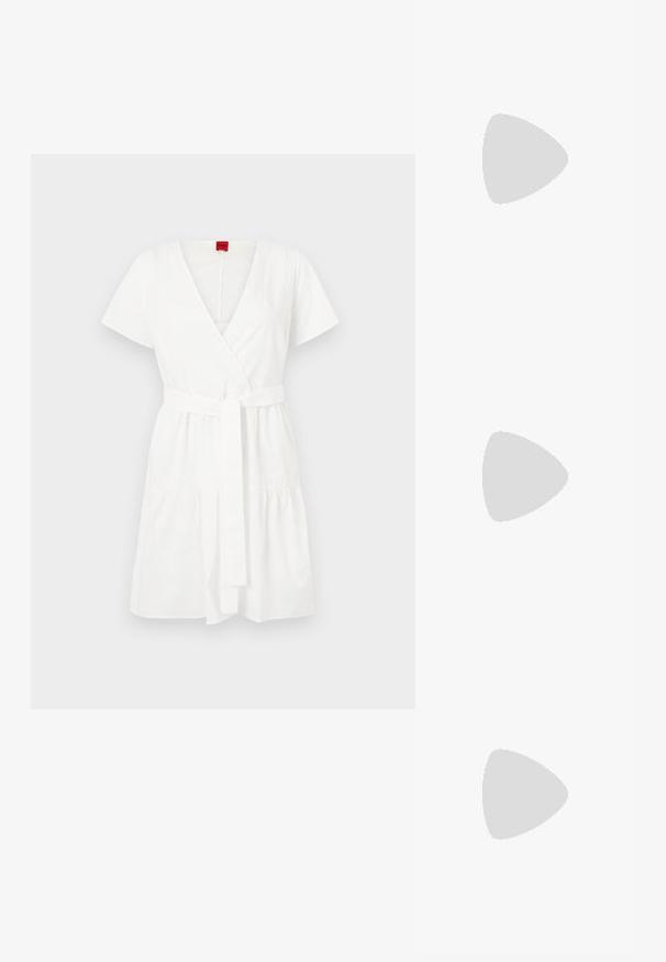 White wrap dress made of cotton, featuring short sleeves, a v-neckline, a belted waist, and a gathered tier at the hem.; Black leather slingback heels with a pointed toe, featuring a slim heel and a gold-tone accent on the adjustable strap. Smooth texture.; White leather handbag with a curved shape, featuring an embossed "CK" logo on the front and a single shoulder strap. Zipper closure at top.; Pair of polished silver crescent hoop earrings with hinged clasps on a white background.