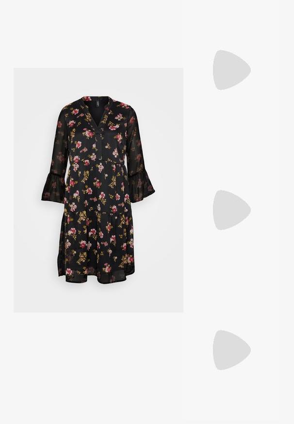 Juodas gėlių suknelė su V formos iškirpte, permatomu audiniu, raukiniais ir kelių lygių dizainu, puoštu rožinėmis ir geltonomis gėlėmis bei žaliais lapais.; Pilkas ilgomis rankovėmis marškinis su vertikaliomis baltomis juostelėmis, su apykakle ir užtrauktuku priekyje. Turi prigludusį dizainą ir kreivą apatinį kraštą.; Juodos kulkšnies botai, pagaminti iš blizgaus medžiagos, su kvadratine padu ir siauru kulnu, prieš blizgiai sidabrinį pūsto audinio foną.; Raudona zomšinė petnešinė rankinė su linkusia forma. Pabrėžia sidabrinio atspalvio akcentas ir reguliuojama petneša su detaliu apdorojimu. Lygi tekstūra.