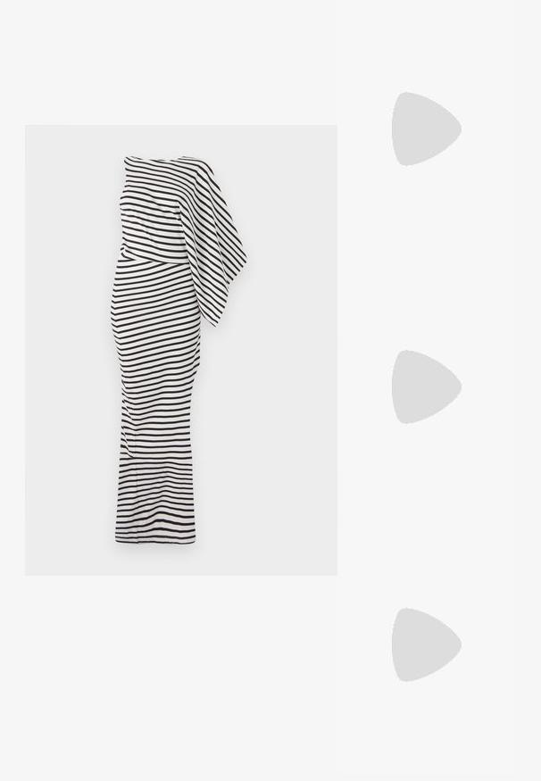 Black and white striped dress with one-shoulder design, form-fitting silhouette, and a flowing fabric texture. Features a long length.; White leather sneakers, low-top design, featuring a smooth texture, round toe, laced front, and a small embroidered logo on the side.; Black leather half-moon bag with a gold hardware accent, featuring a zip closure. Worn crossbody over a gray sweater.; Gold-tone knot stud earrings with a twisted design. Each earring features a circular clear backing for secure wear.