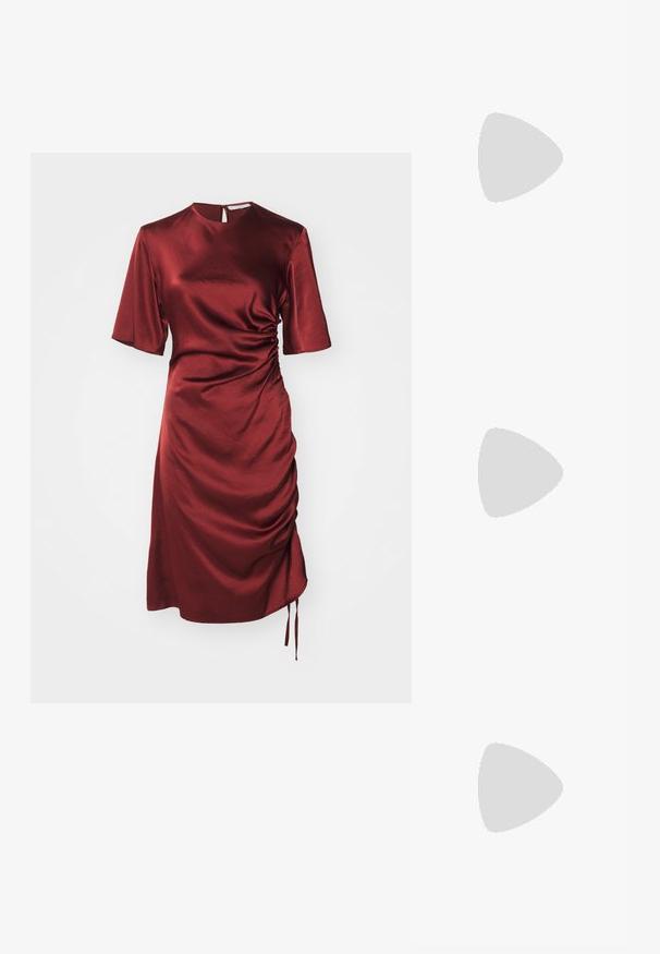 Red satin dress with short sleeves, gathered side detailing, and a high neckline. Features a keyhole back and adjustable side ties.; Black patent slingback heel with a pointed toe, featuring textured snake print, adjustable strap, and a short, textured block heel.; Black leather crossbody bag with two front pockets, gold buckles, zipper closure, and a slim strap. Textured surface and compact rectangular shape.; Gold-tone metal hoop earrings with a curved, elongated shape. Features a smooth, shiny surface and a rounded tip for added detail.