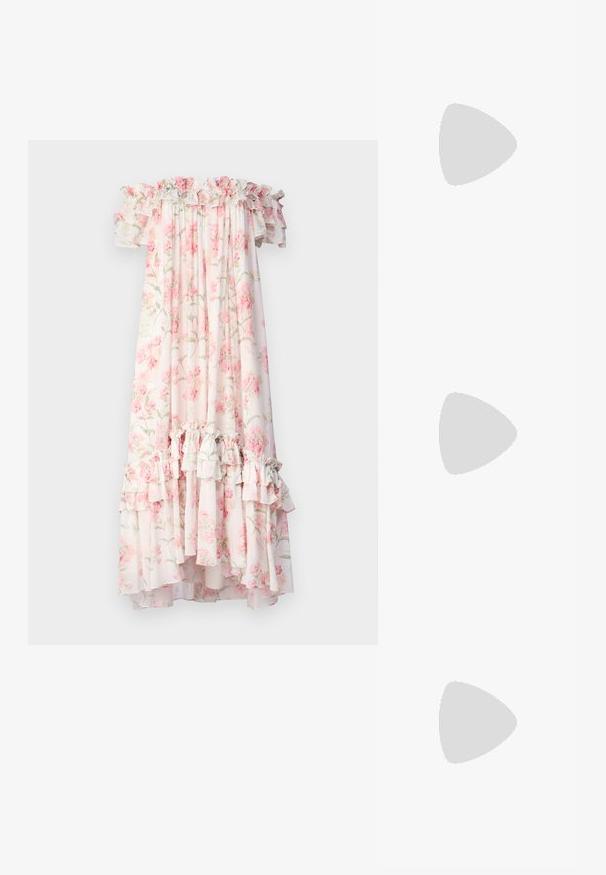 Needle & Thread SUMMER POSY ARIA OFF SHOULDER ANKLE GOWN - Maksikleit - moonshine/coral; Beez kõrge kontsaga sandaalid, millel on punutud tekstuur, dekoratiivne lilleke ja pahkluu rihm. Ruudukujuline konts tagab stabiilsuse.; Kilpkonnakilbi stiilis prillid roheliste läätsedega, ovaalse kujuga, kuldse logo riistvaraga küljel ja siledat läikivat viimistlust. ; Tory Burch ROMY PEBBLED SATCHEL - Käekott - tiramisu