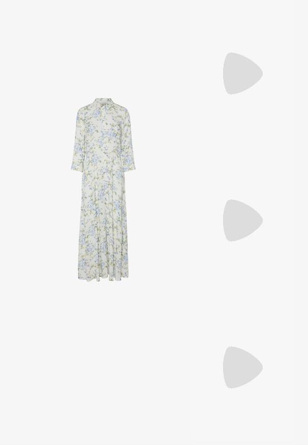 Floral maxi dress featuring a button-down collar, 3/4 sleeves, and a light fabric with blue and green flower patterns on a cream background.; Even&Odd High heeled sandals - white; Even&Odd BUCKLE - Handbag - off-white/beige; Even&Odd 2 PACK - Earrings - gold-coloured