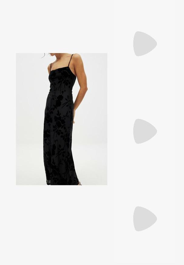 NA-KD Maxi dress - black; Brown heeled flip-flop sandal with a slender strap and rounded toe post, featuring a small gold accent on the footbed.; Black oversized sunglasses with oval lenses, smooth plastic frame, and gold accents on temple. Dark lenses provide sun protection.; Brown suede handbag with a structured triangle shape, a top handle, and a flap closure. Features subtle logo detail on the side.