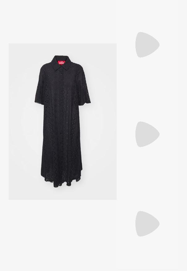 Cras LACYCRAS DRESS - Abito a camicia - black; Ballerine in pelle nera, punta affusolata, design minimalista, texture liscia, tacco basso, senza hardware o decorazioni visibili.; Borsa a tracolla nera in pelle con una texture liscia, forma rettangolare e dettaglio in catena metallica sul davanti. Inclusa una tracolla regolabile.; Orecchini a cerchio in oro con un design testurizzato e tre accenti di cristalli trasparenti su un lato, che offrono un'estetica geometrica moderna.