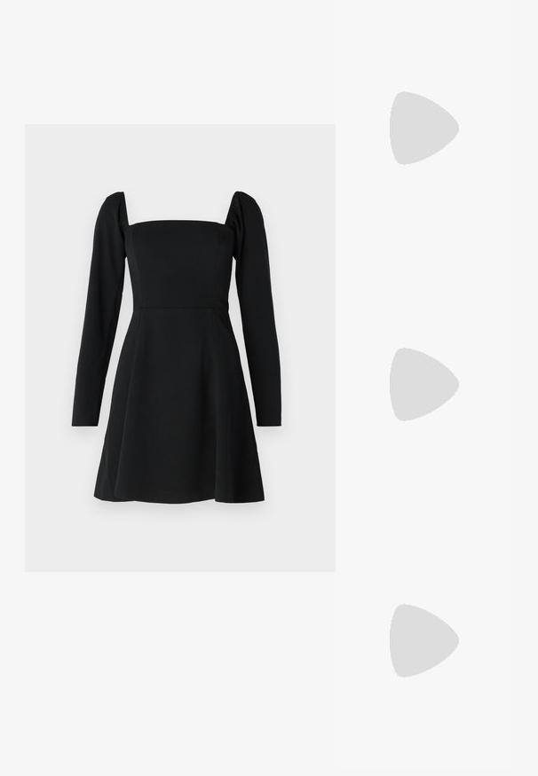 Vestido negro de manga larga con escote cuadrado, corsé ajustado y falda acampanada. Confeccionado en una tela suave con una textura sutil.; Botas de vaquero de cuero marrón con punta afilada y tacón cuadrado, que presentan costuras detalladas y acentos elevados en el caño.; Gafas de sol estilo ojo de gato con montura de carey negra y naranja, lentes marrones y puntas elegantes y afiladas. Presenta un logo minimalista en la patilla.; Pendientes de aro de plata con diseño retorcido, que presentan un acabado pulido y cierre de presión. Miden aproximadamente 3 cm de diámetro.