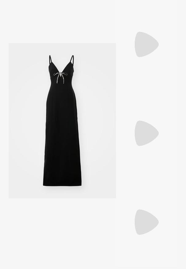 Black evening dress with a V-neckline, thin straps, and a rhinestone-accented bow at the waist. Long, fitted silhouette with smooth fabric.; Black patent leather slingback high heels with a pointed toe, adjustable ankle strap, and a moderate block heel. Smooth texture with glossy finish.; Stuart Weitzman POSH SHOULDER BAG - Cross body bag - black; Gold-toned hoop earrings with a crescent shape, polished surface, and hinge closure. Smooth texture and reflective finish enhance visibility.