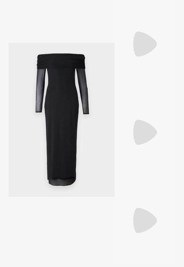 Melna off-the-shoulder kleita ar garām caurspīdīgām piedurknēm, kurai ir teksturēts raksts ar maziem punktiem, pieguļošs siluets un potītes garuma apakšdaļa.; Apspīlēta augstpapēžu kurpe ar zeltītu, sudrabi un neitrālu krāsu kombināciju. Spīguļojoša virsma ar izgriezuma dizainu, aprīkota ar stiletto papēdi.; Sudraba metāliska poga somiņa ar mīkstu, noapaļotu formu un mezgla augšējo aizdari. Izgatavota no gludas mākslīgās ādas materiāla.; Sudraba gredzenveida auskari ar savītu dizainu, kas ir ar pulētu apdari un ar aizmugurēju fiksāciju. Izmērs ir aptuveni 3 cm diametrā.