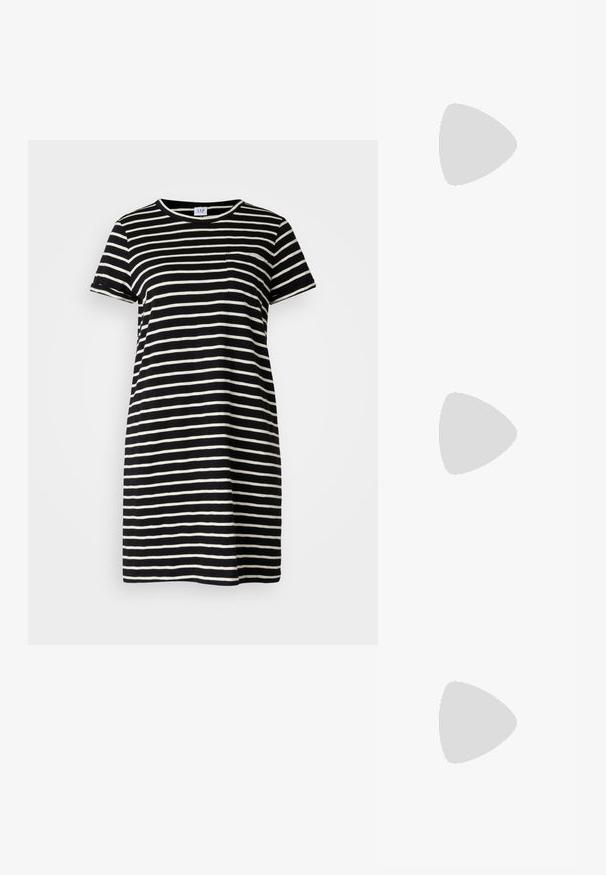 GAP TEE DRESS - Haljina od žerseja - black; Srebrna slingback salonska cipela s oštrim prstom, metalik završnom obradom, dva dekorativna remena i vitkim potplatom s crnim vrhom.; Crna kožna torba s glatkom teksturom. Ima podesivu naramenicu i elegantan, minimalistički dizajn s zatvaranjem na patentni zatvarač.; Srebrna dvostruka prsten s glatkom, poliranom površinom. Karakterizira ga fluidan, zakrivljen dizajn s preklapajućim sekcijama za moderan izgled.