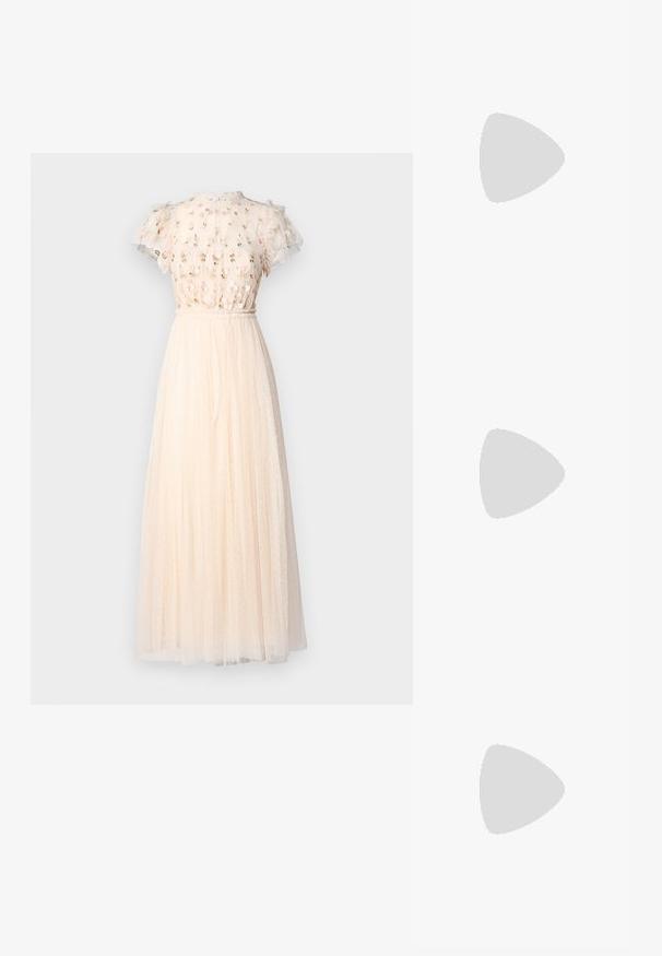 Needle & Thread ROCOCO BODICE ANKLE GOWN - Vestido de fiesta - cream; Espadrille beige con parte superior de lona, tacón tejido texturizado y suela de yute trenzado; cuenta con una correa atada al tobillo para un ajuste seguro.; Bolso de piel crema con forma curva, que presenta un detalle de hardware dorado. La correa está sujeta con un clasp de metal.; Reloj de pulsera rectangular dorado con un diseño minimalista, que presenta una esfera color crema, manecillas doradas y una pulsera de eslabones metálicos. Las marcas incluyen el nombre de la marca.