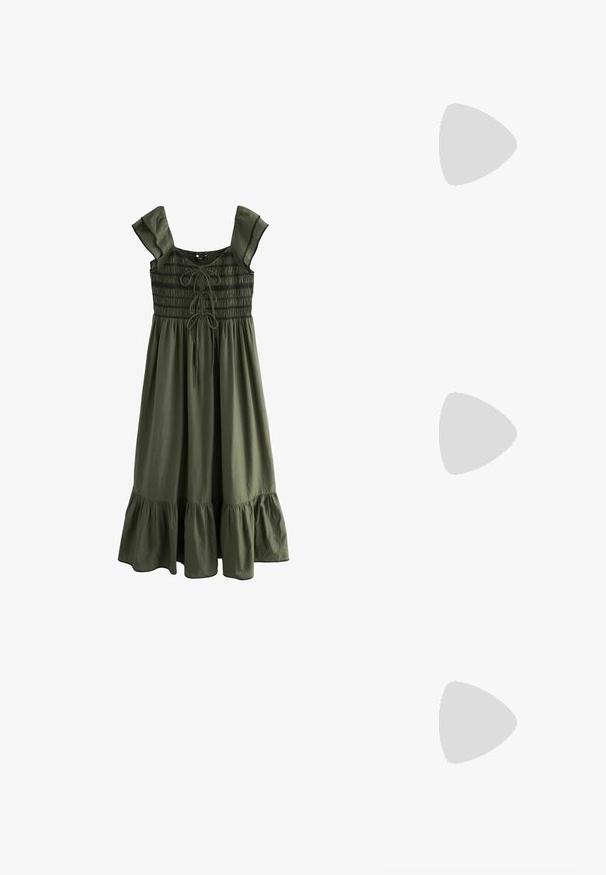 Next SHIRRED   MIDI  REGULAR FIT - Maksimekko - khaki green; Kultaiset vegaaniset nahkasandaalit, joissa on kaksi säädettävää hihnaa, korkkipohja ja tummasta kumista valmistettu pohja. Sujuva pinta metallisella viimeistelyllä.; Suorat aurinkolasit, joissa on kilpikonnakuosiset muovikehykset, tummat linssit ja hopeiset yksityiskohdat sivuilla. Valmistettu Italiassa.; Ruskea nahkainen olkalaukku, jossa on logokuvio, kultaketjuolkaint, vetoketjukiinnitys ja kultaiset metalliosat. Kompakti ja suorakulmainen muoto.
