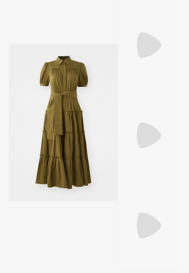 Diane von Furstenberg QUEENA DRESS - Blusenkleid - dark olive; Schwarze Slingback-Absatzschuhe mit spitzem Fuß, aus glattem Leder und einem eleganten, minimalistischen Design. Hoher Stiletto-Absatz.; Emporio Armani Handtasche - black; Emporio Armani LOGO ESSENTIAL SET - Ohrringe - rose gold-coloured