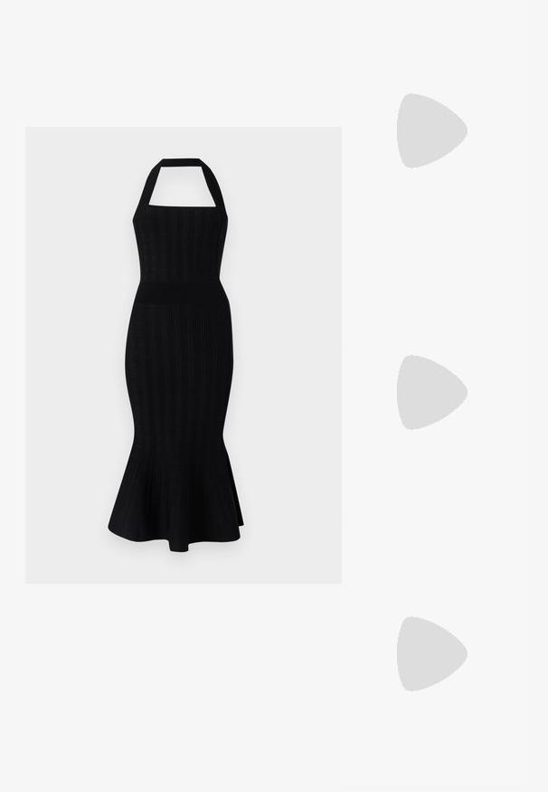 Black knit midi dress with a halter neckline, fitted bodice, ribbed texture, and flared hem. No visible patterns or accents.; Black high-heeled sandals feature thin straps with a knotted design, a smooth square toe, and a sleek stiletto heel.; Light gray metallic handbag featuring a chain strap, embellished with small circular metallic studs and a triangular brand logo.; Silver hoop earrings with a smooth, shiny finish. Rounded shape, lightweight design, featuring a post-back closure.