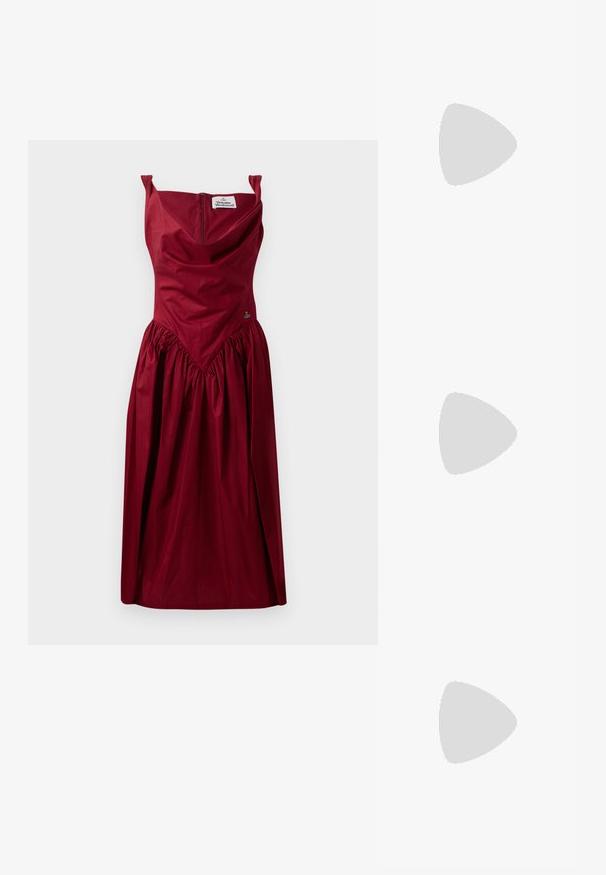 Burgundy dress with a fitted bodice and gathered skirt. Features off-shoulder straps, a back zipper, and a decorative embroidery detail.; Black flip-flop sandal with a thick sole, featuring two wide, glossy straps and a textured footbed for comfort.; Red plastic sunglasses with rectangular frames, tinted lenses, and a gold logo accent on the temples. Smooth, glossy finish.; Blue handbag made of glossy material with a cloud pattern, featuring a curved shape and a matching shoulder strap. Silver hardware accent.; Black flower choker collar made of layered petals, worn with a black ribbed tank top featuring silver accents along the neckline and shoulders.