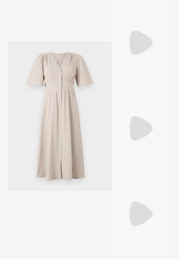 Bež pesukleid, V-kaelusega, lühikeste puhviga varrukatega, elastse vöökoha ja kokkukogutud tekstuuriga; põlvepikkune ja voolava seeliku osaga.; Must musta nahk kingad sanga ja terava ninaga, ankle strapidega, millel on hõbedased pandlad ja riistvara ning õhuke konts.; Kuldmetallist käekott, millel on struktureeritud disain, sile tekstuur ja reguleeritav rihm. Omab ainulaadset kolmnurkset kuju ja minimalistlikku õmblust.; Kuldse värvi kõrvarõngad, mis on kaunistatud tekstuursete ja laineliste kujunditega. Komplektis on skulpturaalsed klamber kõrvarõngad ja avatud rõngasdisain, millel on lõhestatud viimistlus.